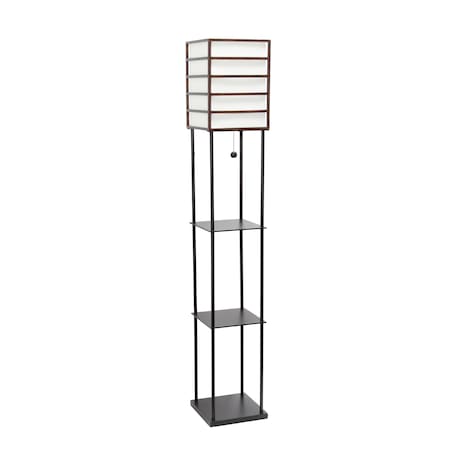 Dark Wood Metal Etagere Floor Lamp With Storage Shelves